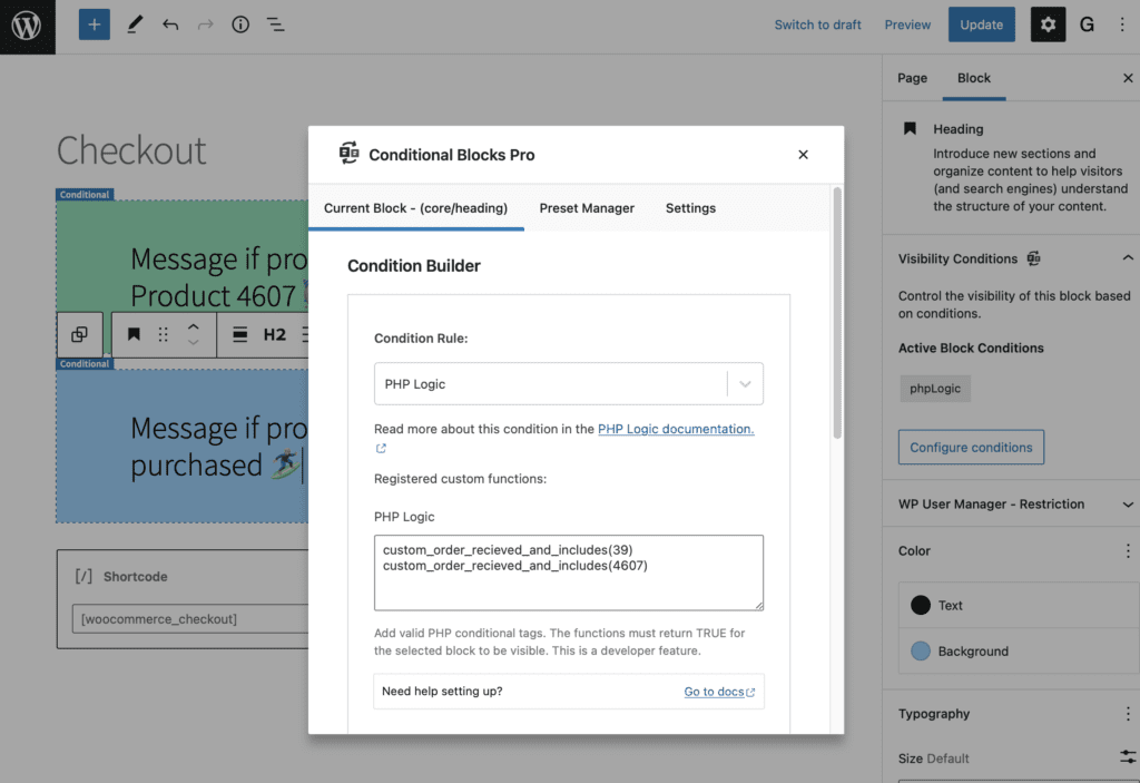 Screenshot of changing the visibility of WordPress blocks base do the received WooCommerce order.