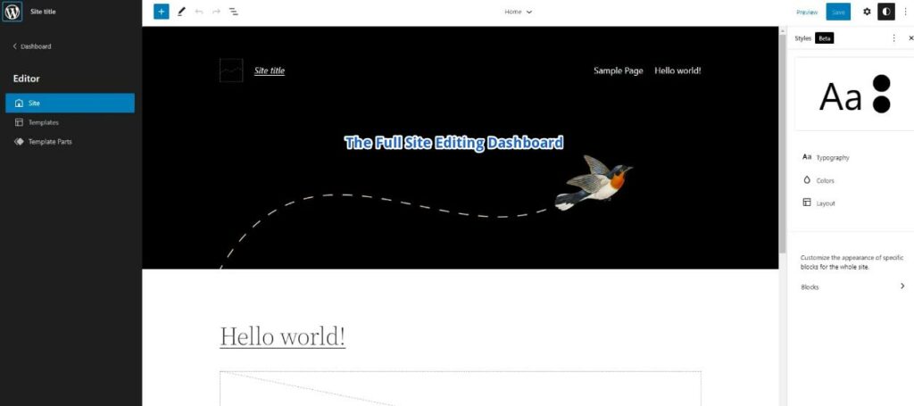 Screenshot showing the dashboard of a Full Site Editing theme called Twenty Twenty Two
