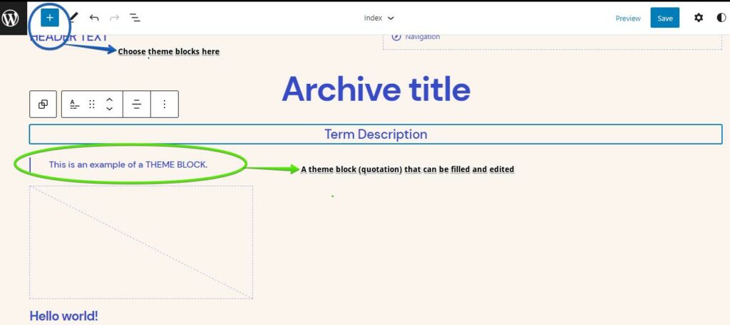 Screenshot showing the process of customizing FSE theme blocks