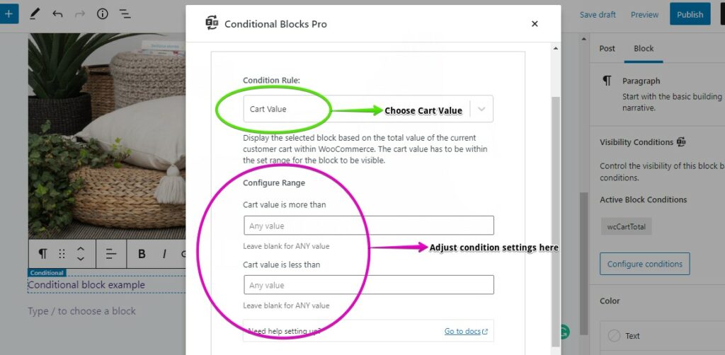 Screenshot showing how to set up the WooCommerce Cart Value condition from the condition builder