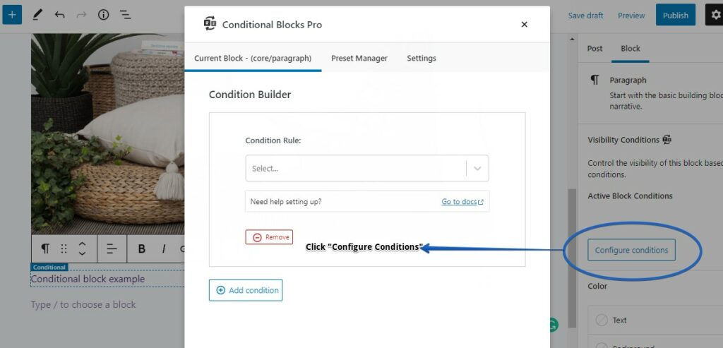 Screenshot showing the process on adding a condition through the Configure Conditions button