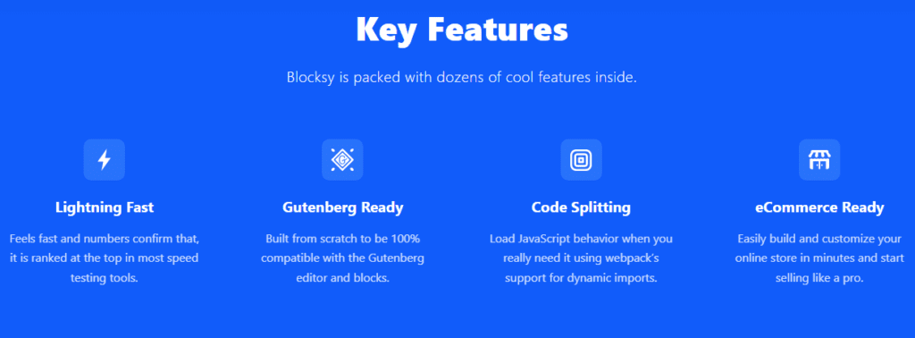 Screenshot showing the key features of the flexible Blocksy theme
