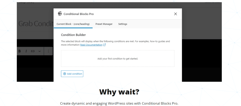 Screenshot showing the built-in condition builder of Conditional Blocks