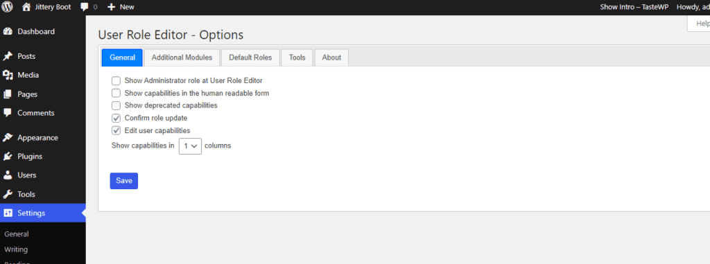 Screenshot showing the WordPress dashboard and the User Role Editor menu options