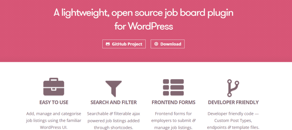 Screenshot showing the major features of the WP Job Manager plugin