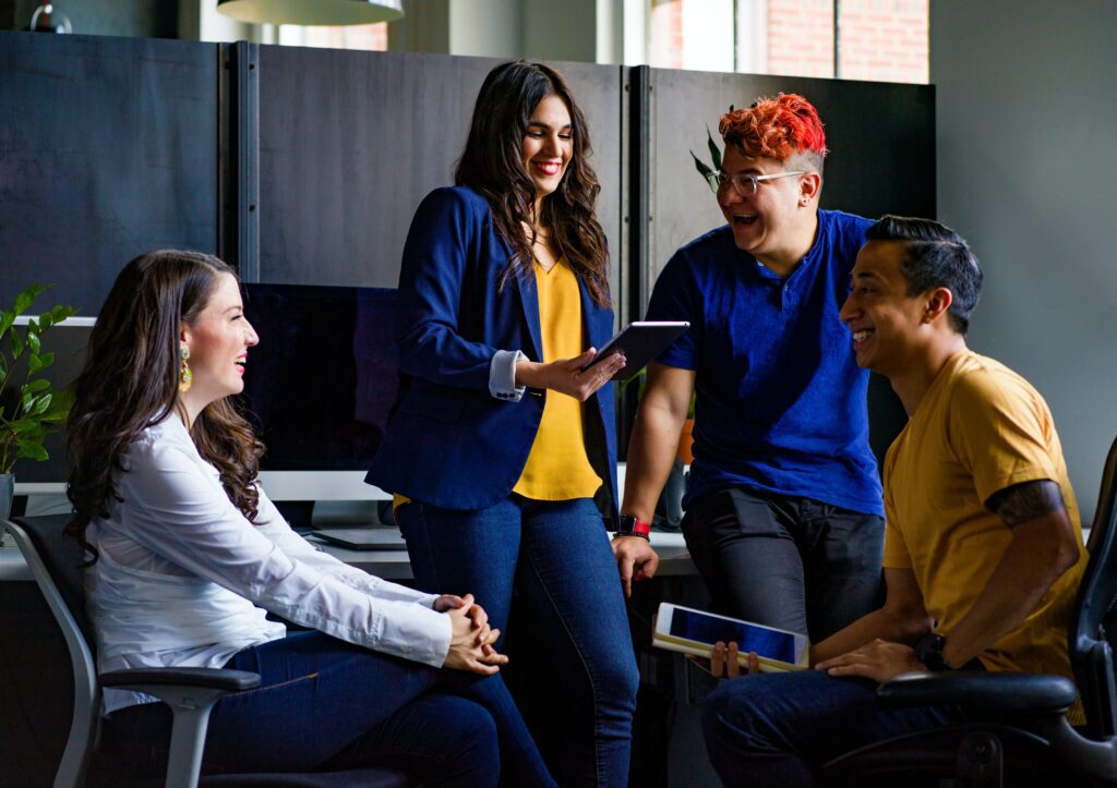 Screenshot showing a group of happy people discussing their insights and opinions