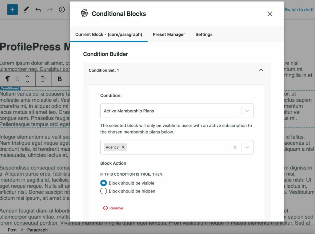 Screenshot of adding visibility conditions in the WordPress Block Editor.