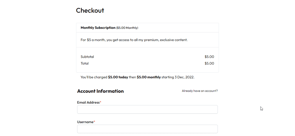 Screenshot of the detailed Checkout Page