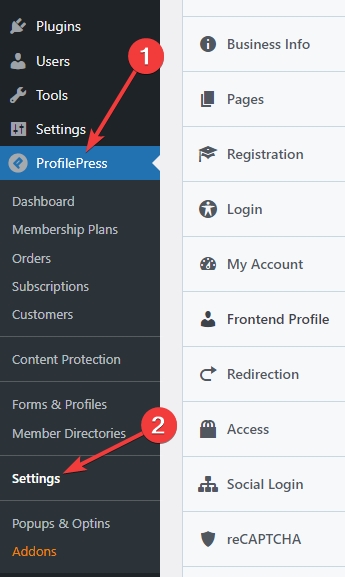 Screenshot showing the ProfilePress settings