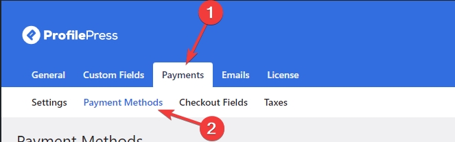 Screenshot showing the ProfilePress payments tab