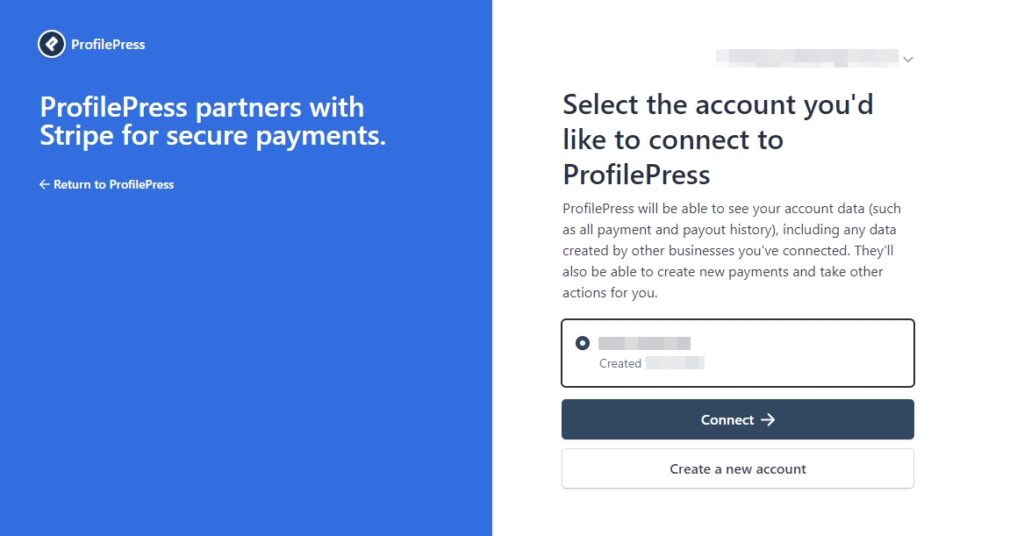 Screenshot showing how to select an account that would be connected to ProfilePress 