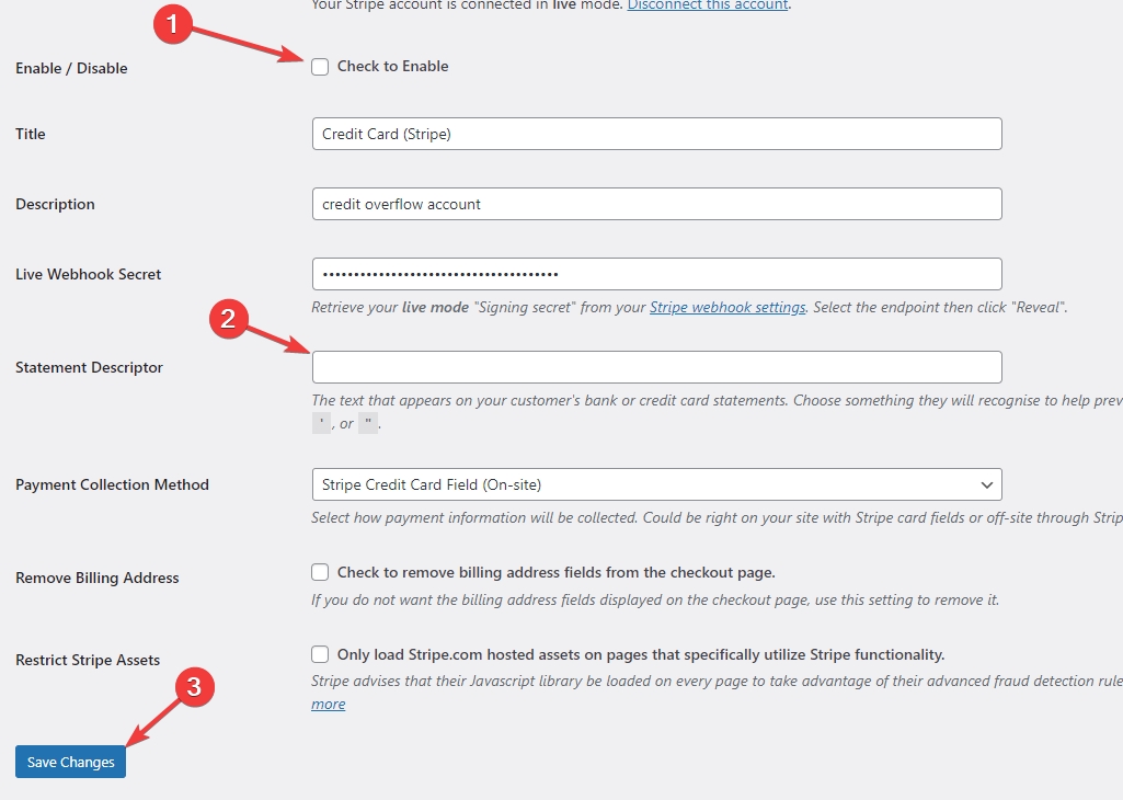 Screenshot showing the Stripe configuration page