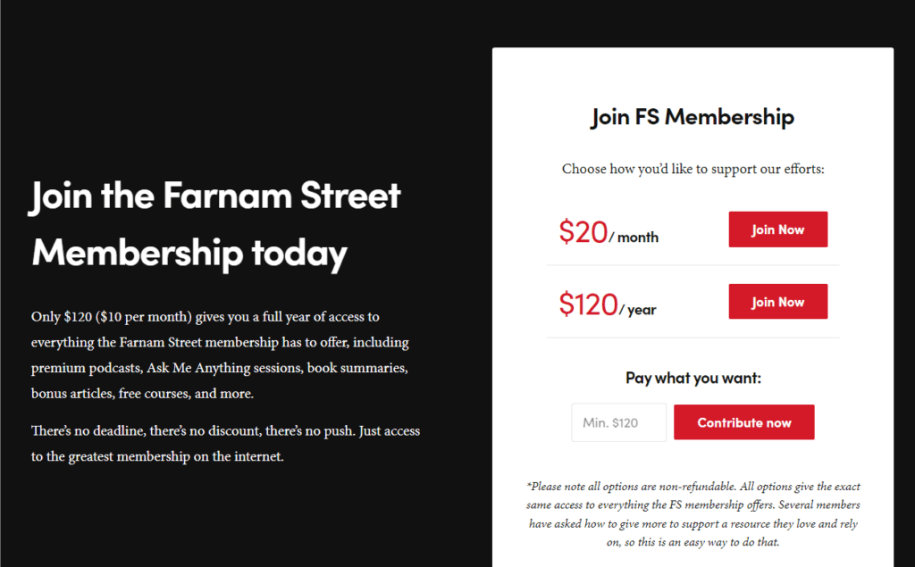 Screenshot showing the pricing options of Farnam Street