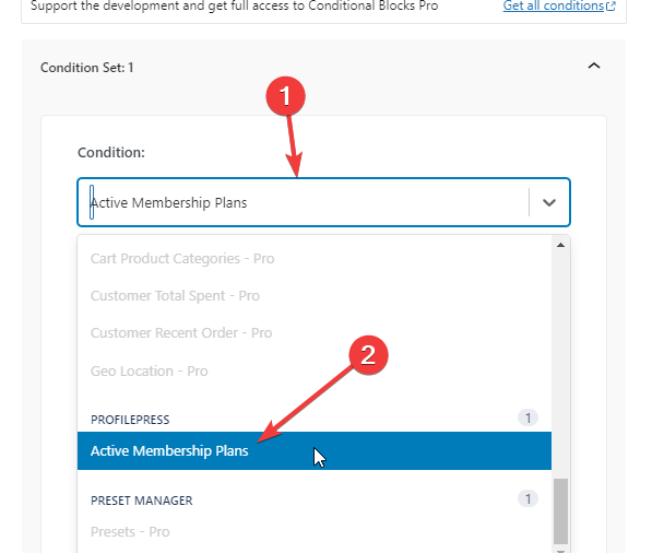 Screenshot showing how to pick Active Membership Plans in condition builder