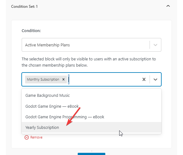 Screenshot of the available subscription types 