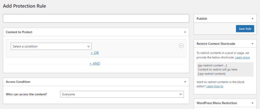 Screenshot showing how to add Protection Rule in ProfilePress