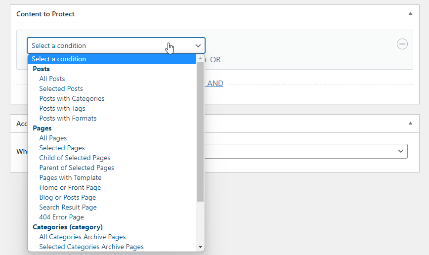 Screenshot of available protection rules and conditions for ProfilePress