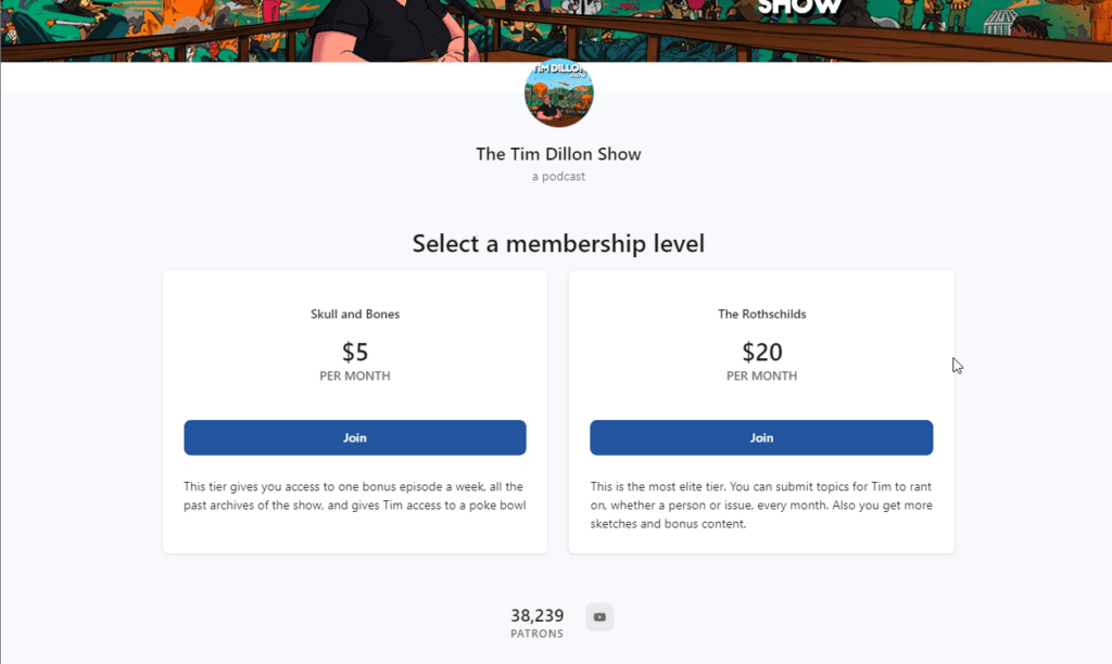 Screenshot showing the membership pricing options of Tim Dillon's Patreon page