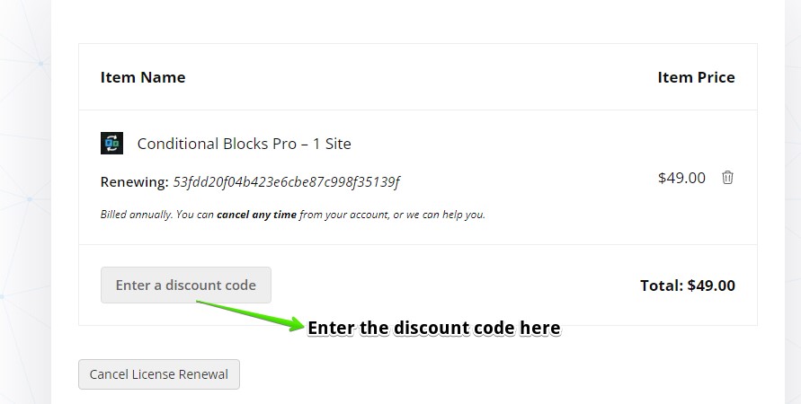 screenshot of adding a discount code when purchasing Conditional Blocks Pro