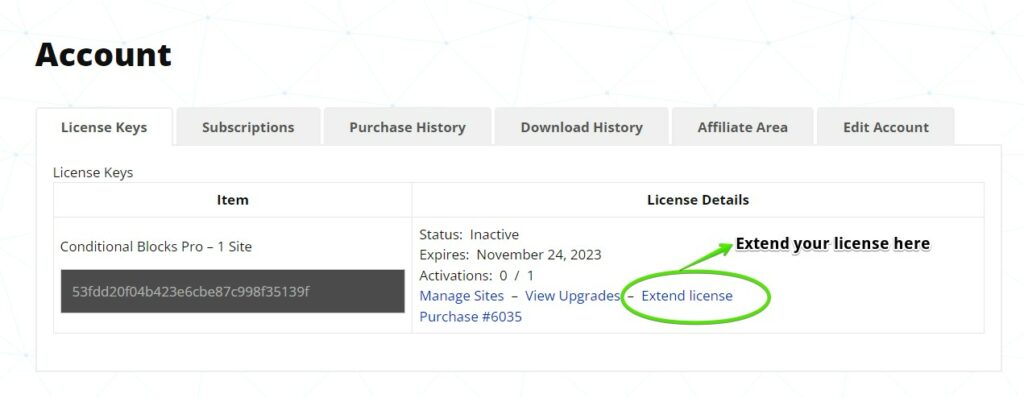 screenshot of extending a conditional blocks pro license for WordPress