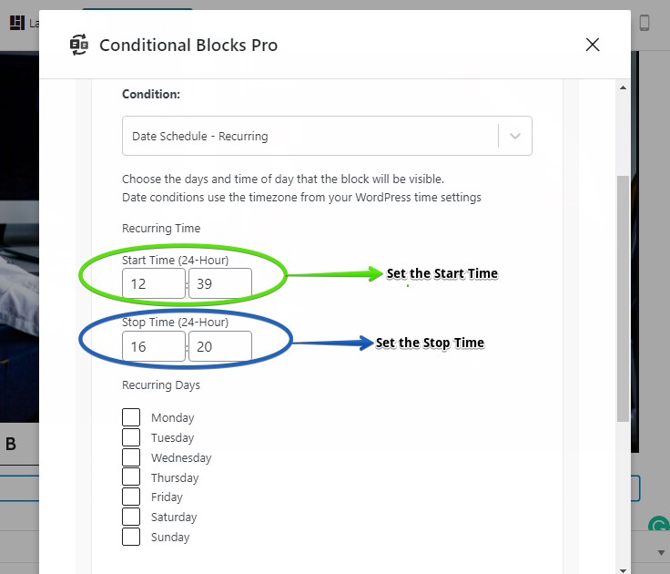 Screenshot showing how to set the Start Time and Stop Time of the Date Recurring Condition