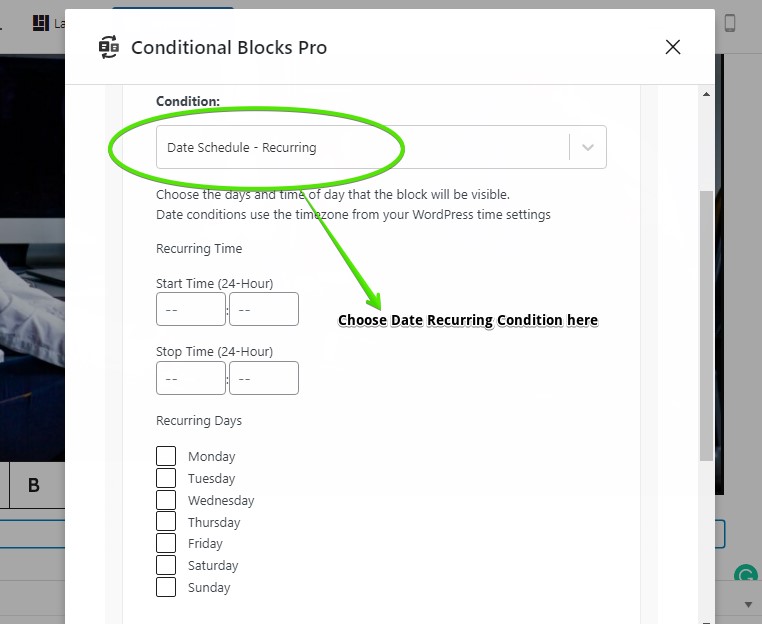 Screenshot showing how to choose the Date Recurring Condition from the Condition Builder