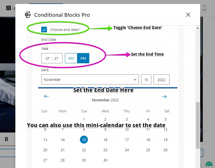 Screenshot showing how to set the End Date and how to use the mini-calendar