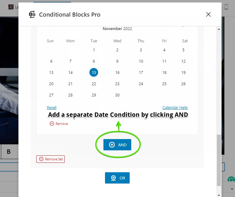 Screenshot showing how to use the AND/OR function for the Date Range Condition