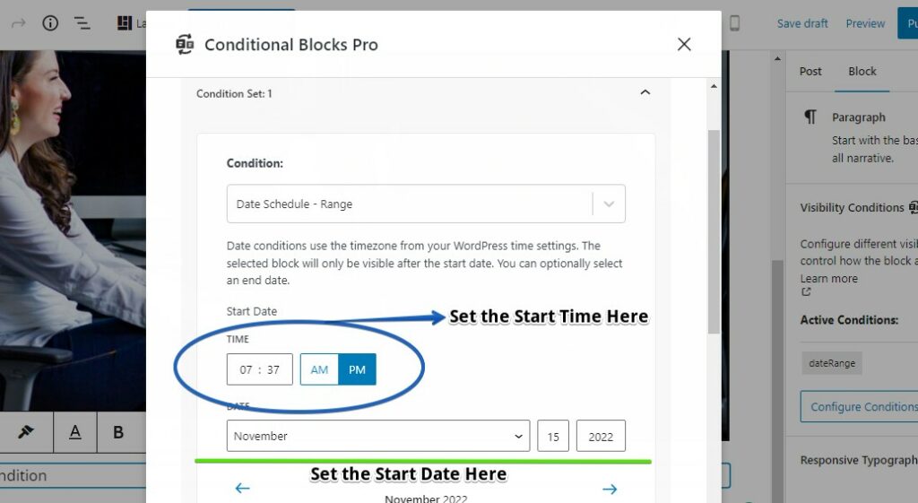 Screenshot showing how to set the Start Date with the Start Time of the Date Recurring Condition