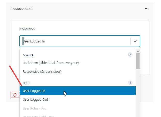 Screenshot showing the User Logged-In option from the condition builder