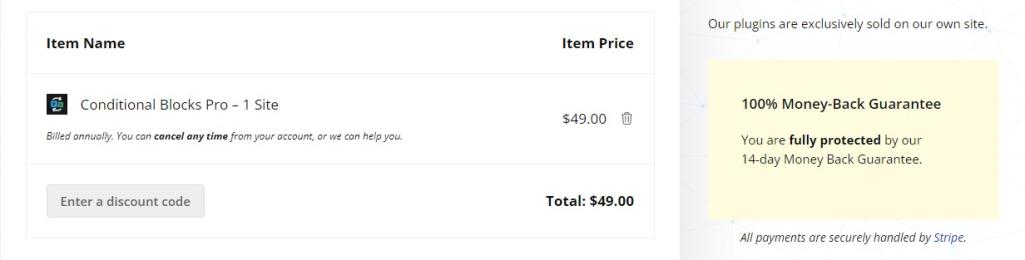 Screenshot showing Conditional Blocks' checkout page