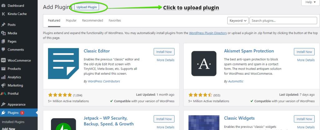 Screenshot showing how to add the Conditional Blocks plugin to the WordPress dashboard