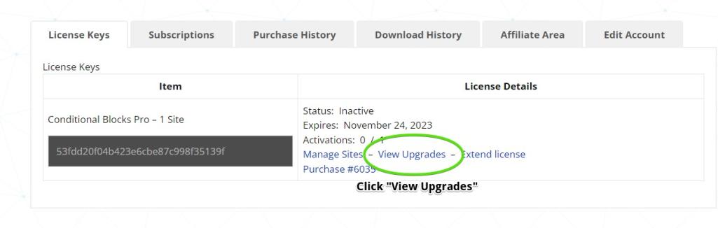 Screenshot showing how to upgrade an existing Conditional Blocks license