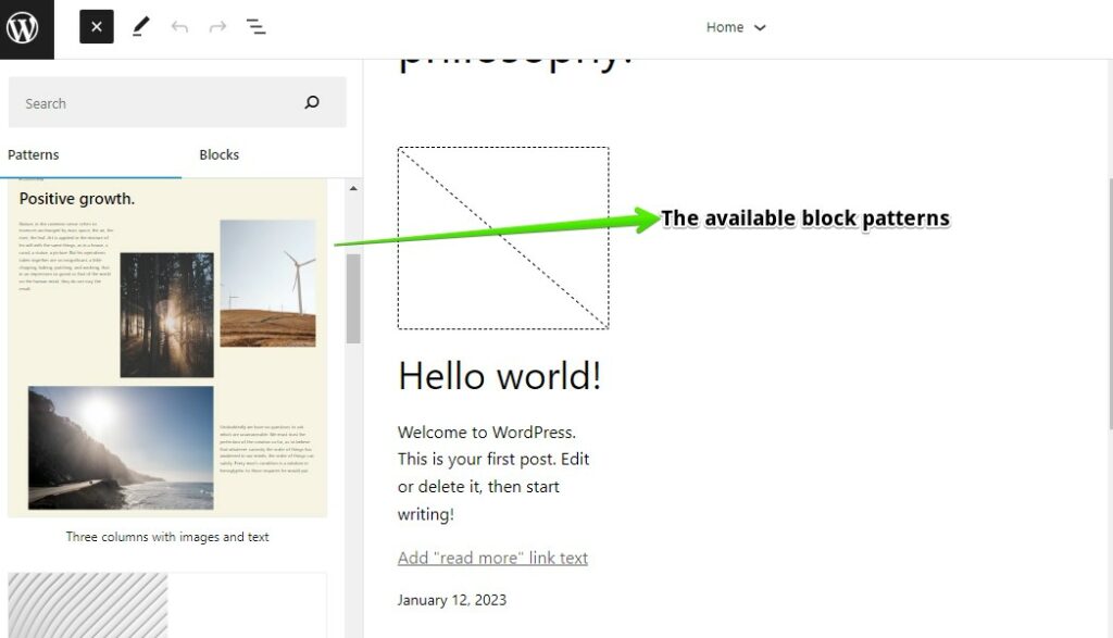 Screenshot showing the block patterns from the WordPress Editor