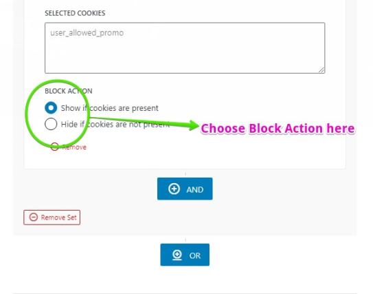 Screenshot showing how to set the block action of the Cookies condition