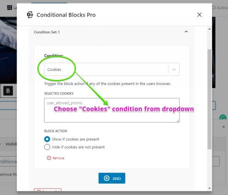 Screenshot showing how to choose and set up the Cookies condition