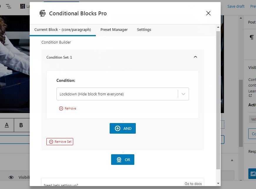 Screenshot showing Conditional Blocks' Condition Builder