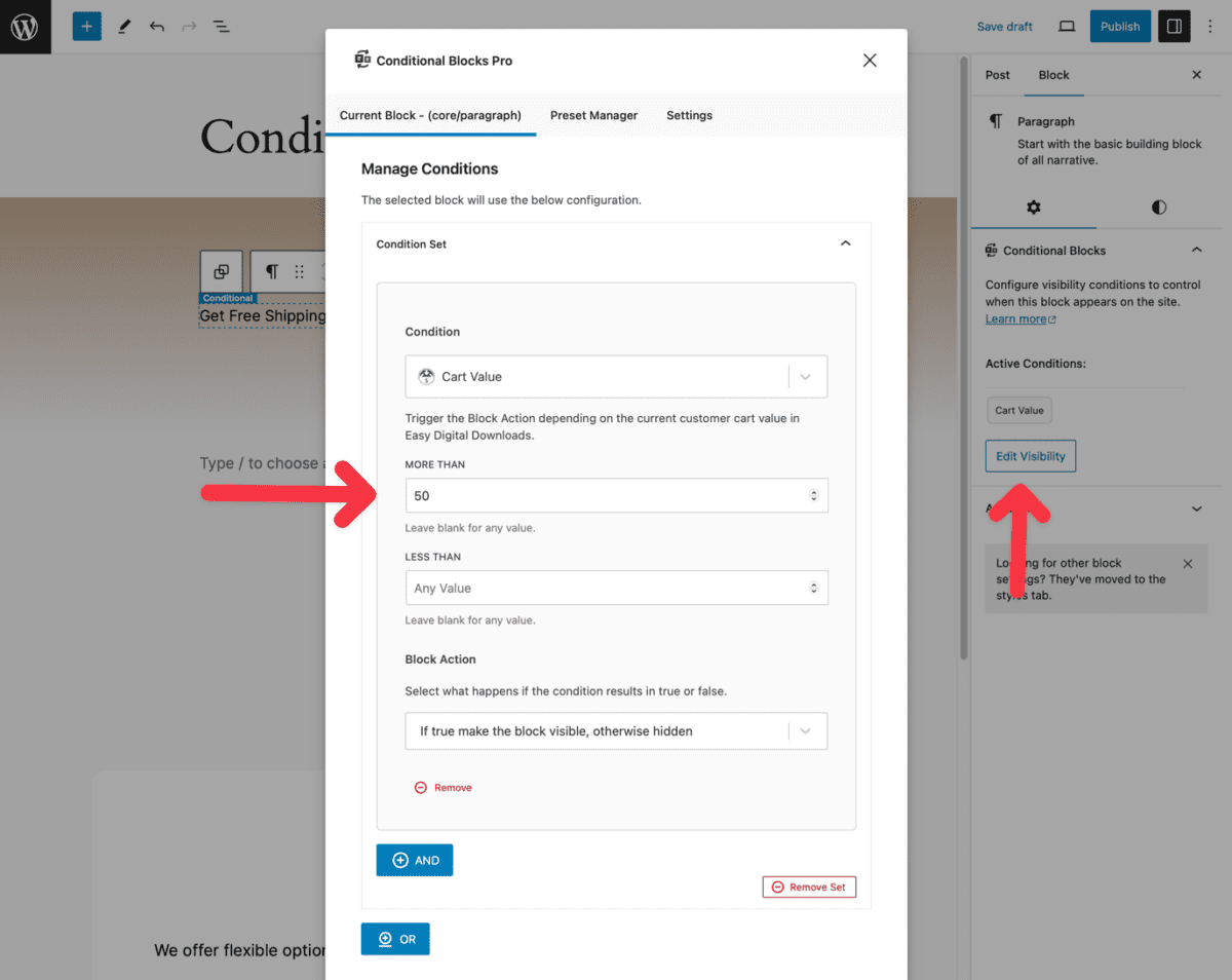 Screenshot of adding the Easy Digital Downloads Cart Value condition to a WordPress block.