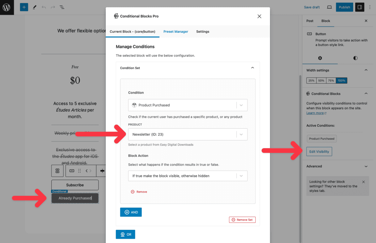 Screenshot of adding the 'EDD Product Purchased' visibility condition to WordPress button block