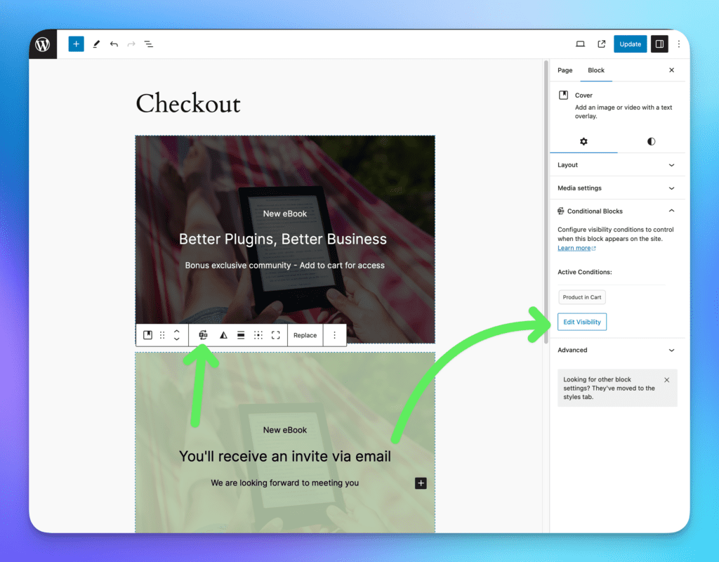 Screenshot of the WordPress editor with arrows pointing to the Edit Visibility button