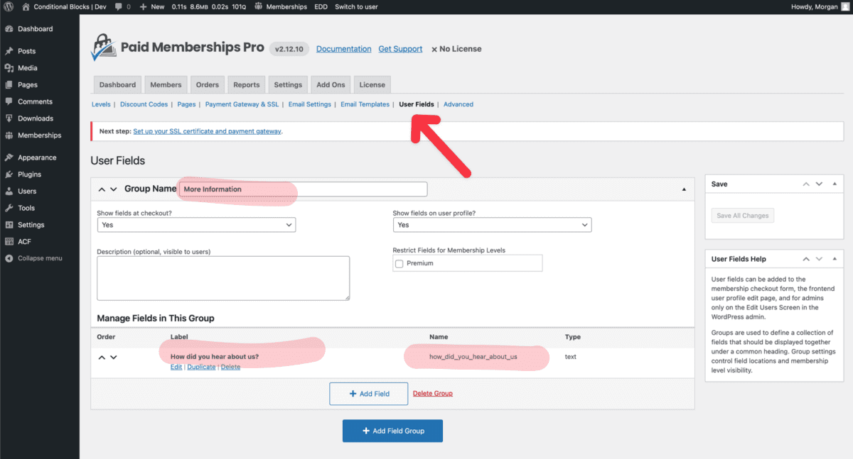 Screenshot of adding custom user fields using the Paid Memberships Pro plugin for WordPress
