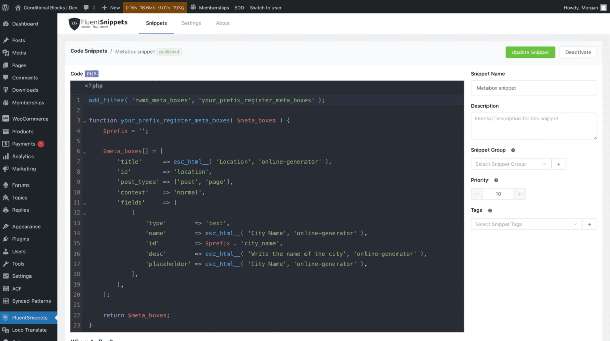 Screenshot of Meta Box code being added to WordPress