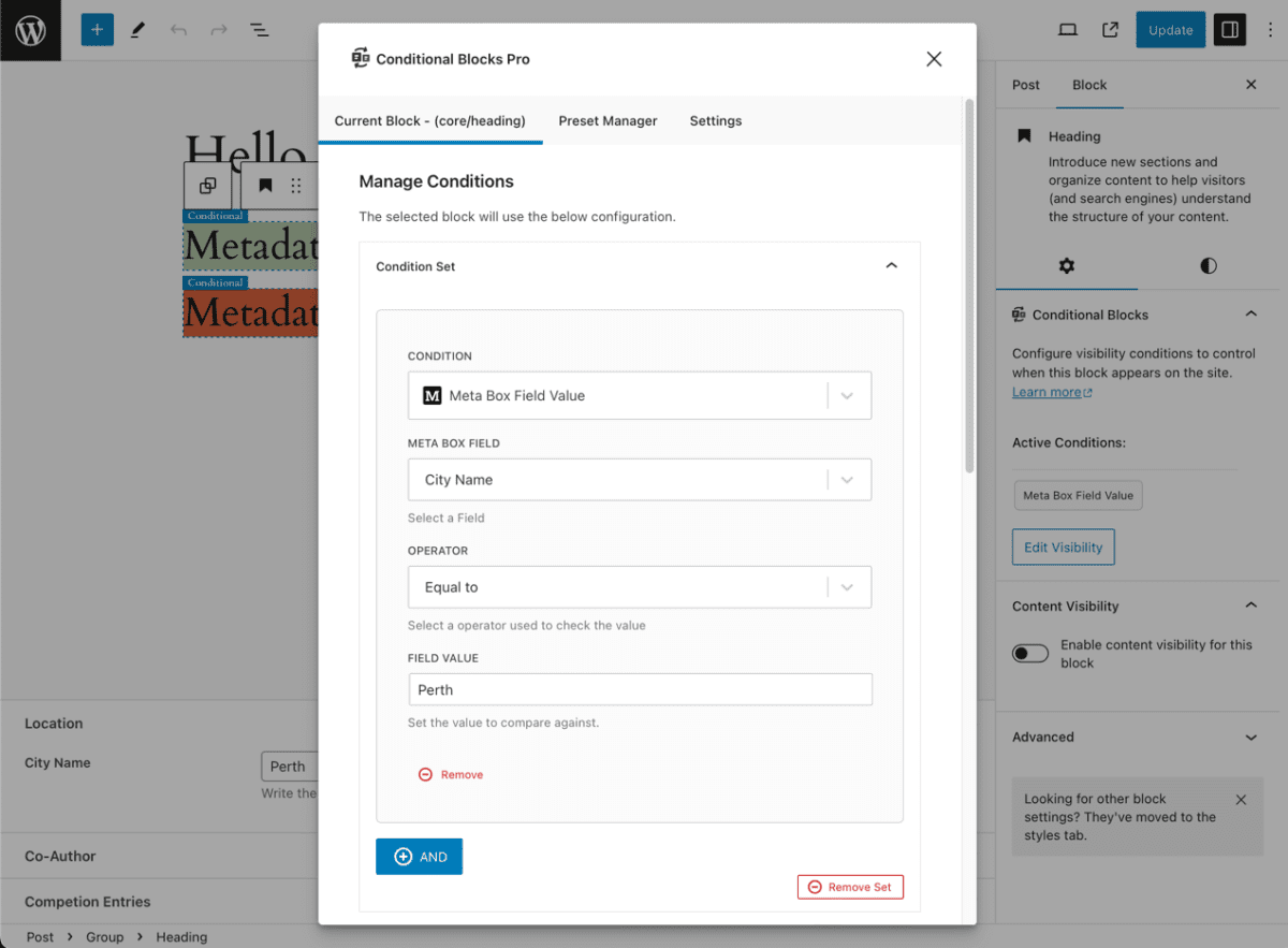 Screenshot of using the Conditional Builder in WordPress to add Meta Box conditions.