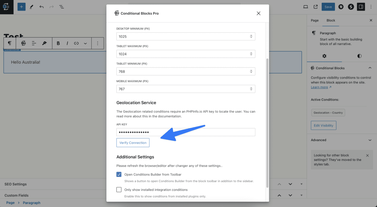 Screenshot of where to insert the IPinfo API token in Conditional Blocks