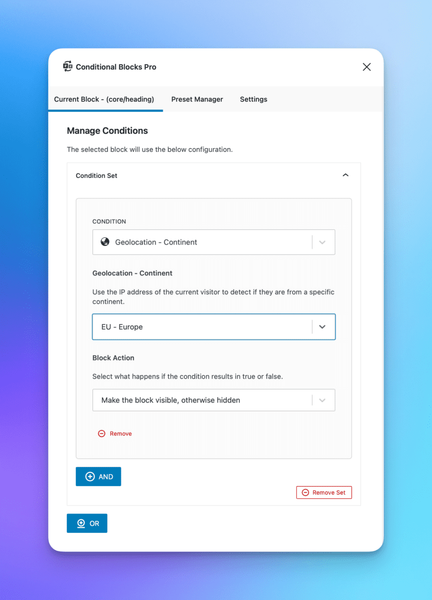 Screenshot of setting the WordPress Geolocation Continent Settings to Europe