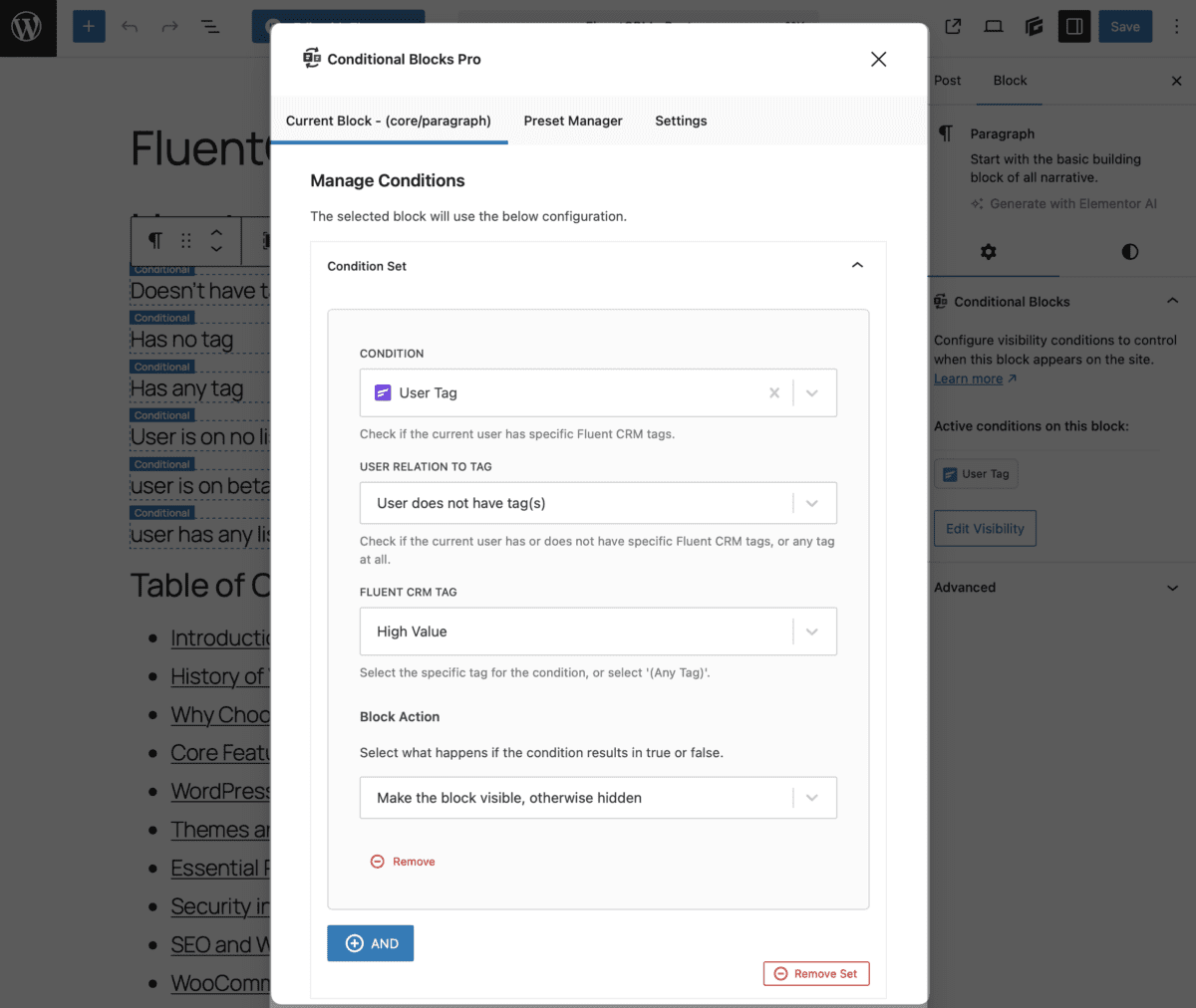 FluentCRM adding a contact tag visibility condition to WordPress