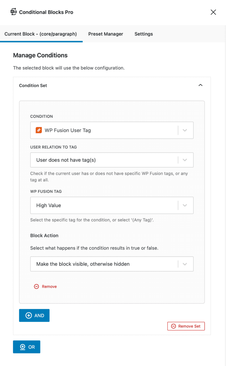 Screenshot of the WP Fusion Tag condition within WordPress