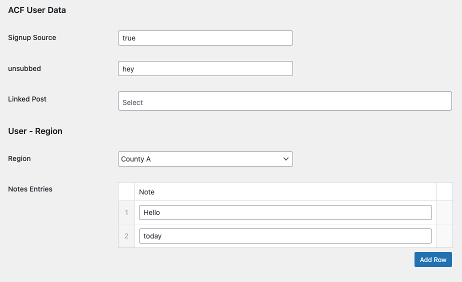 Example user meta on the WordPress edit user page
