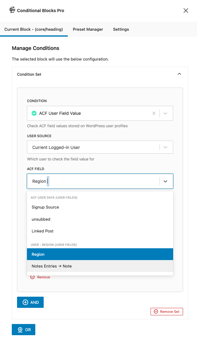 Example screenshot of hte ACF User Field Value from the Condition Builder