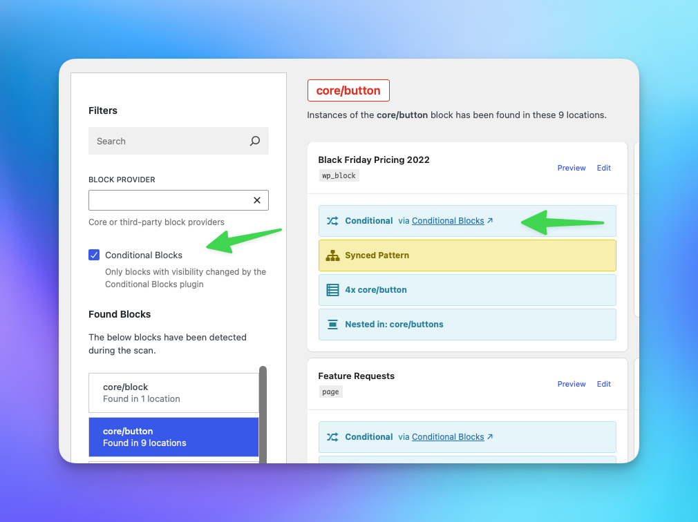 Screenshot of finding conditional wordpress content with Find My Blocks